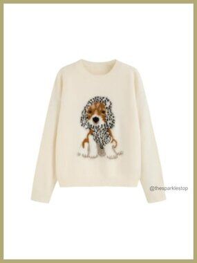 Oversized Knit Pullover Sweater Cute Dog Graphic Crew Neck Long Sleeve Casual
